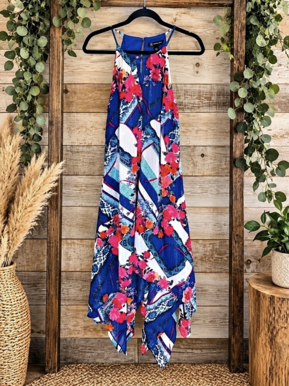INC International Concepts Printed Halter Handkerchief Hem Dress Floral Maxi in